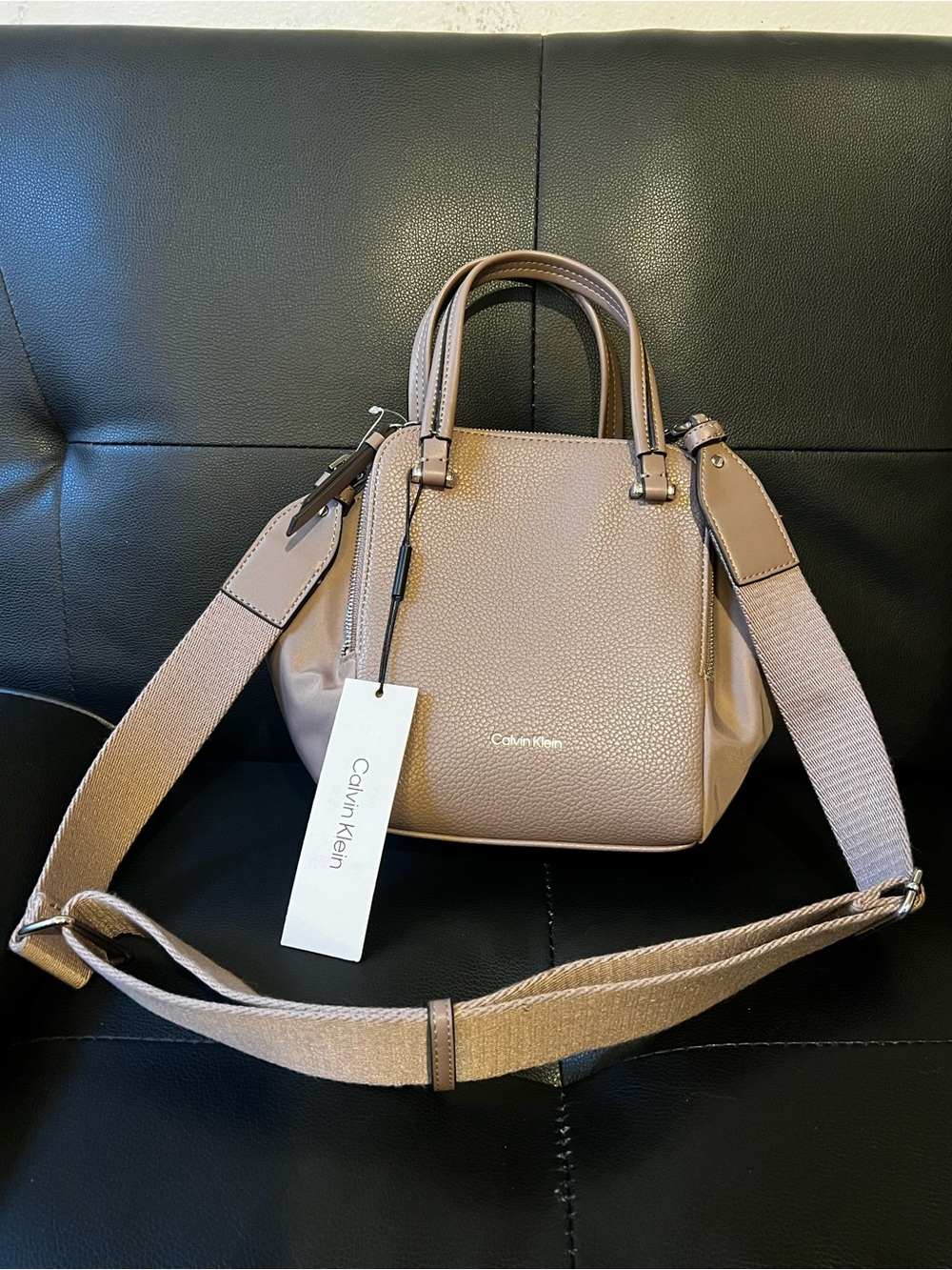 Calvin Klein Taupe Pebbled Leather Satchel with Strap - Picture 1 of 5